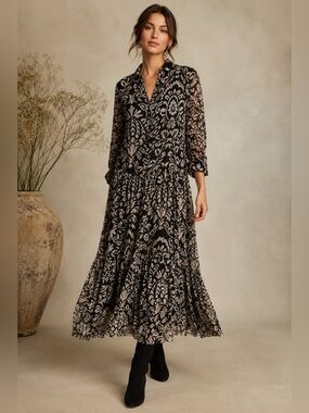 Karyn Sep Dress Long Boho Maxi Sheer Long Sleeve Shirt Button Front Peasant M